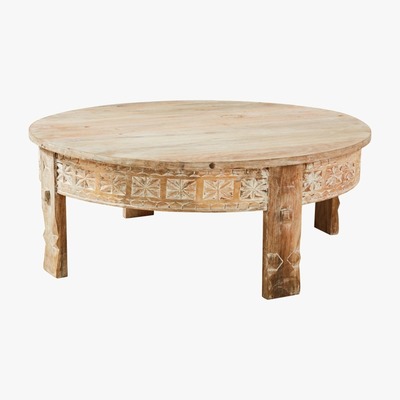 Maisons du Monde Carved Solid Mango Wood Round Coffee Table Manilal