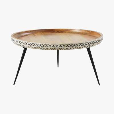 Maisons du Monde Round Black Metal and Carved Solid Mango Wood Coffee Table Krishna