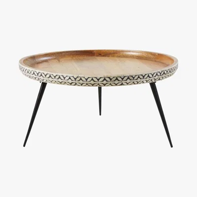Maisons du Monde Round Black Metal and Carved Solid Mango Wood Coffee Table Krishna