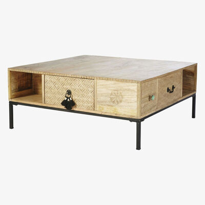 Maisons du Monde Square Solid Mango Wood and Black Metal 4-Drawer Coffee Table