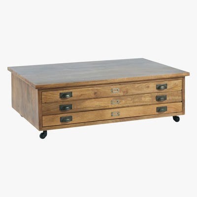 Maisons du Monde Solid Mango Wood 3-Drawer Wheeled Coffee Table Hipster