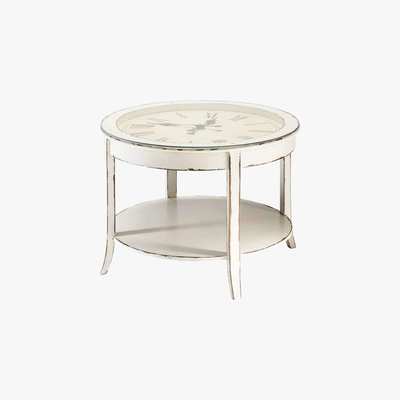 Maisons du Monde Glass and wood round clock coffee table in white with distressed finish D 72cm Teatime