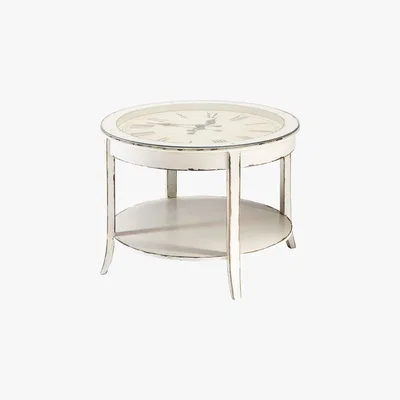 Maisons du Monde Glass and wood round clock coffee table in white with distressed finish D 72cm Teatime