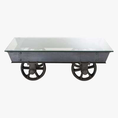 Maisons du Monde Tempered Glass and Metal Industrial Wheeled Coffee Table Gibson