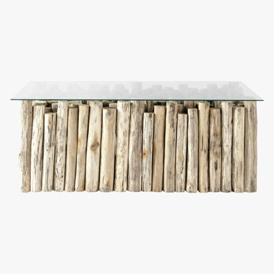 Maisons du Monde Glass and teak coffee table with distressed finish W 110cm Dune