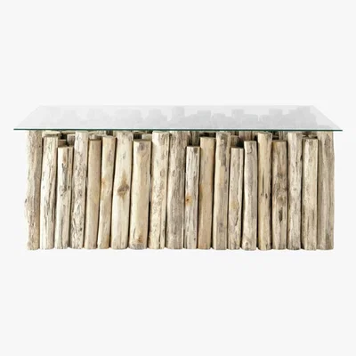 Maisons du Monde Glass and teak coffee table with distressed finish W 110cm Dune