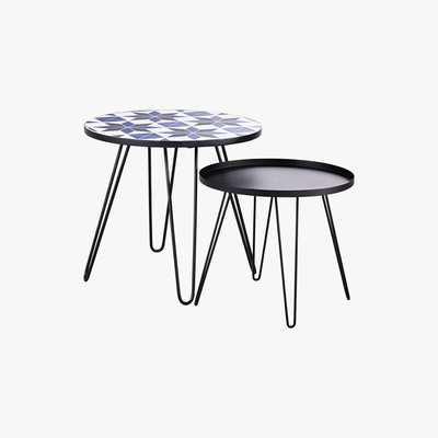 Maisons du Monde Patterned Tile and Black Metal Garden Coffee Tables (x2) Carioca