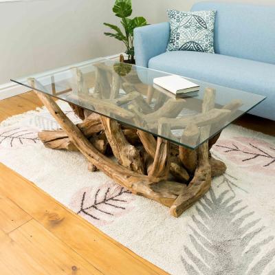 Oak&More Lyre Branchwood Teak Rectangular Coffee Table with Glass Top