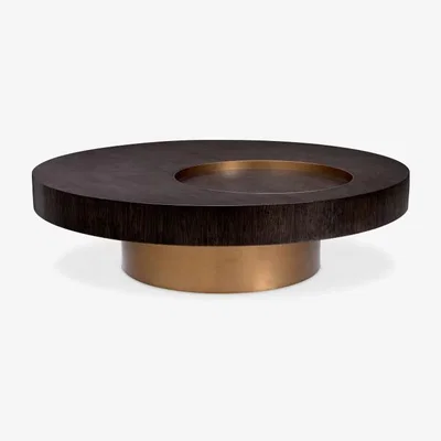 Olivia's Eichholtz Coffee Table Otus Round Mocha Oak Veneer Brushed Brass Finish