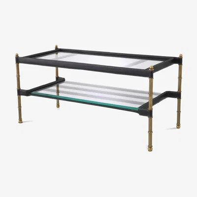 Olivia's Eichholtz Princess Rectangular Coffee Table in Black Leather Vintage Brass Finish