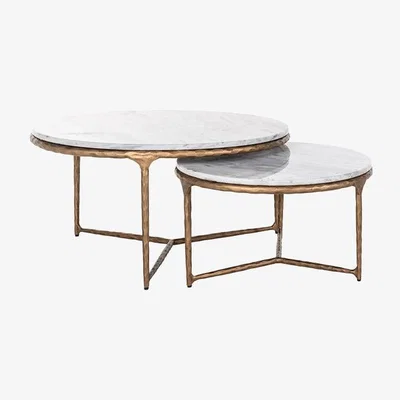 Olivia's Richmond Steel Smith Brushed Gold Legs and White Marble Top Set of 2 Coffee Table