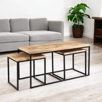 OAT Home Sligo Industrial Metal & Wood Set of 3 Coffee Table