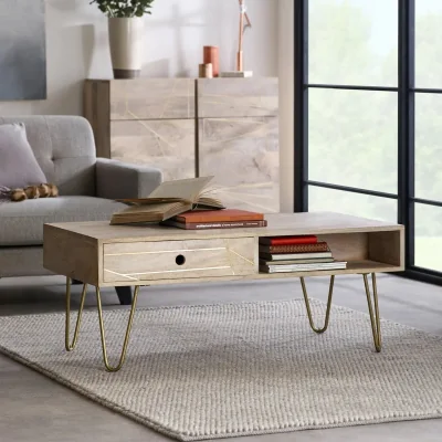 OAT Home Galway Wooden Light Gold 1 Drawer Coffee Table