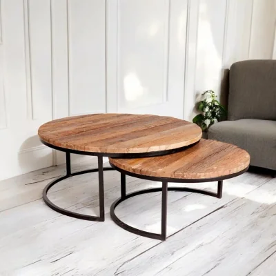 OAT Home Sligo Industrial Metal & Wood Set of 2 Round Coffee Tables