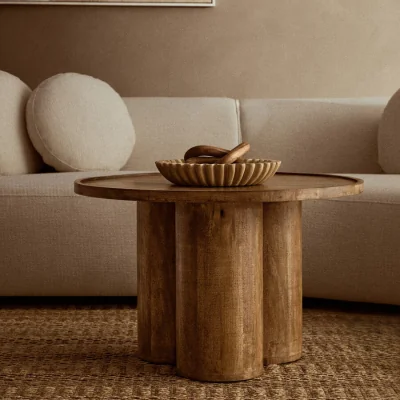 Pagazzi Natural Mango Wood Coffee Table with Column Base and Rounded Top | Walsa