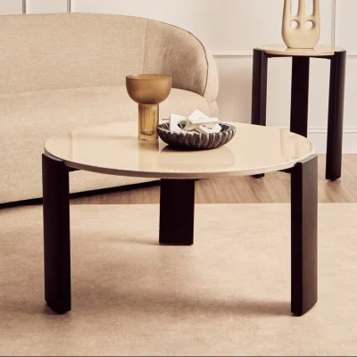 Pagazzi Palermo Cream Marble and Black Acacia Wood Large Round Coffee Table