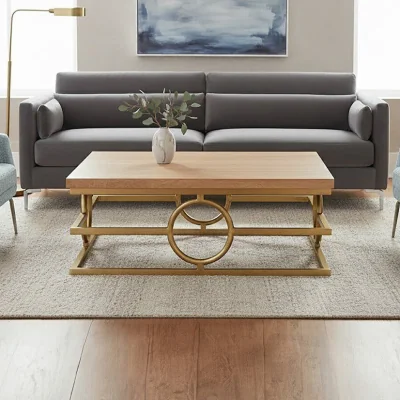 Pagazzi Jarloi Oak Wood and Gold Finish Square Coffee Table