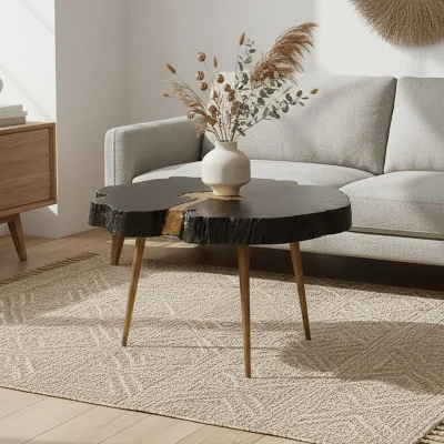 Pagazzi Asamra Black Acacia Wood Live Edge Coffee Table with Gold Finish Legs