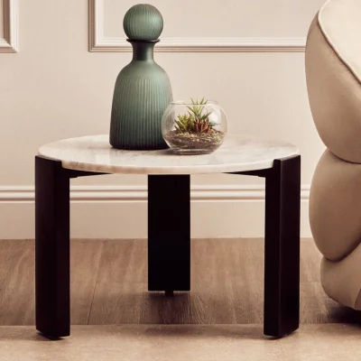 Pagazzi White Round Marble Top Small Coffee Table with Black Acacia Legs | Palermo