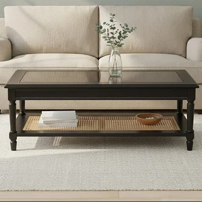 Pagazzi Corso Black Coffee Table with Natural Rattan Shelf