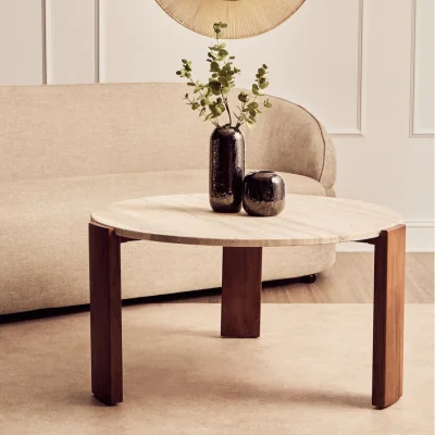 Pagazzi Palermo Travertine and Natural Acacia Wood Large Round Coffee Table