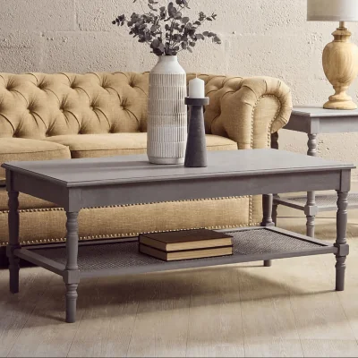 Pagazzi Heritage Grey Wash Wooden Coffee Table with Rattan Shelf