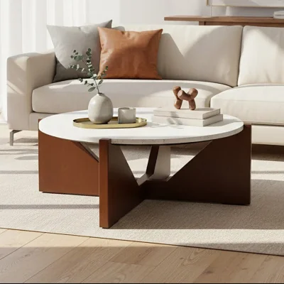 Pagazzi Winton Cream Travertine and Brown Finish Acacia Wood Coffee Table