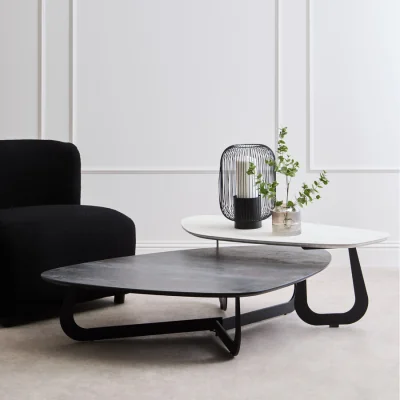 Pagazzi Imperia White Ceramic 2 Tier Asymmetrical Large Coffee Table