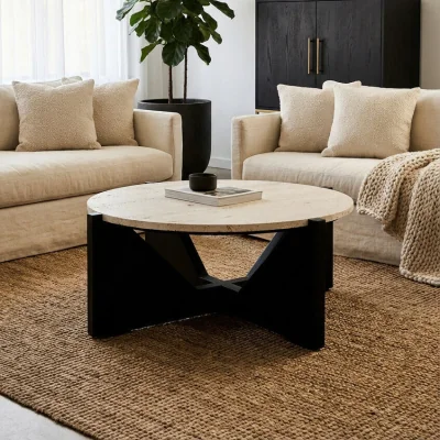 Pagazzi Cream Travertine Top Coffee Table with Black Acacia Wood Geometric Frame | Winton