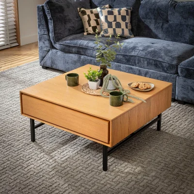 Quatropi Square Wooden Coffee Table with Storage Drawer Light Oak Wood Veneer 85cm