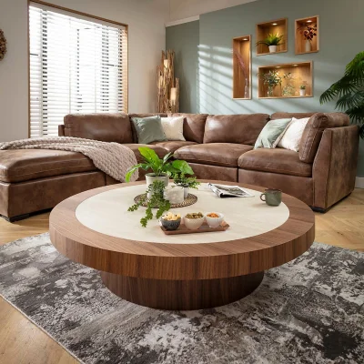 Quatropi Contemporary Large Round Coffee Table Walnut Wood Stone Ceramic 140cm