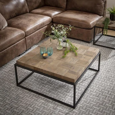 Quatropi Large Wooden Square Coffee Table Industrial Reclaimed Oak Metal 90cm