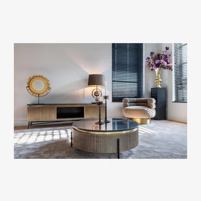 Quatropi Quatropi Gold Metal Drum Coffee Table - 90cm Round Premium Black Marble Top - Ironville