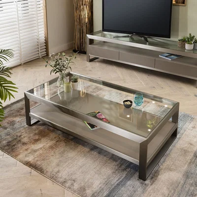 Quatropi Modern Rectangular Coffee Table Glass Top Brushed Metal Frame Taupe Grey