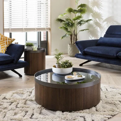 Quatropi EXDISPLAY Round Coffee Table 90cm Brown Walnut - Metal Ring Accent, Low Design