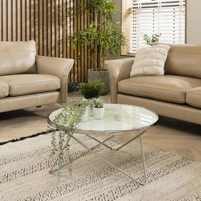Quatropi Mid-Century White & Chrome Metal Round Coffee Table - Marble-Effect Glass