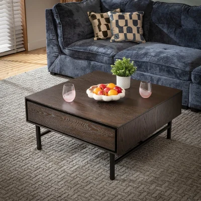 Quatropi Square Wooden Coffee Table with Storage Drawer Dark Oak Wood Veneer 85cm