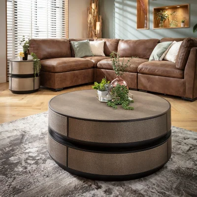 Quatropi Modern Round Coffee Table Inlaid Shagreen Faux Leather Gold 92cm