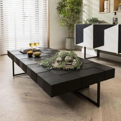 Quatropi Modern Black Coffee Table Large Living Room Oak Wood Metal Legs 165x75cm