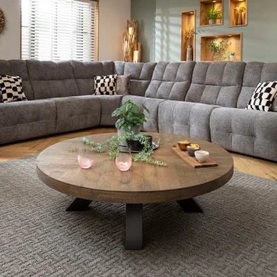 Quatropi Modern Round Wooden Coffee Table Dark Recliamed Oak 130cm