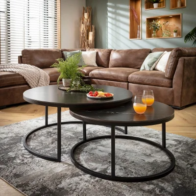 Quatropi Modern Large Round Nest of Coffee Tables Black Ceramic Marble 100cm & 80cm