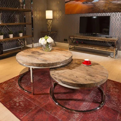 Quatropi Stunning Round Pair of Coffee Tables Reclaimed Hardwood 92 + 76cm New