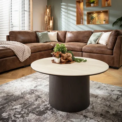 Quatropi Contemporary Round Coffee Table Grey Oak Wash & Stone-Effect Ceramic 90cm