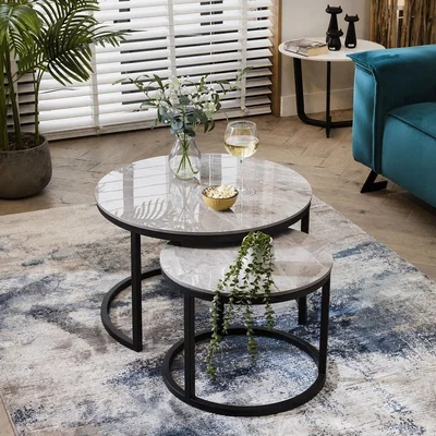 Quatropi Modern Round Coffee Table Nest Ceramic Marble Nest Of Tables 70cm Grey