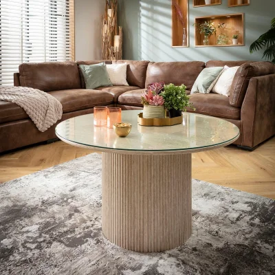 Quatropi Contemporary Glass-Topped Round Coffee Table Cream 100cm