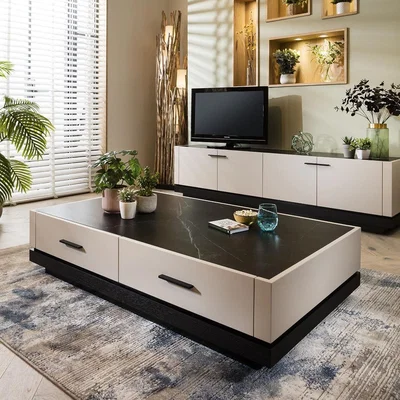 Quatropi Large Modern Storage Coffee Table 2 Drawers Chalk White Ceramic Marble