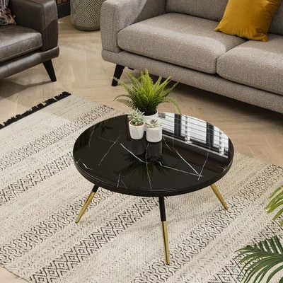 Quatropi Elegant Round Metal Coffee Table Black Circular Marble-Effect Glass 80cm