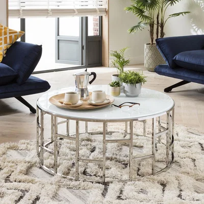 Quatropi Quatropi Round Coffee Table Ø 90cm White Glass - Geometric Polished Metal Base