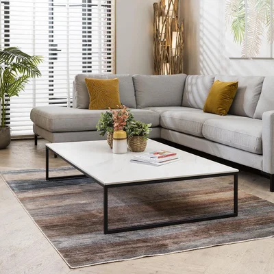 Quatropi Large Modern Industrial Coffee Table Marble Effect 90x145cm White
