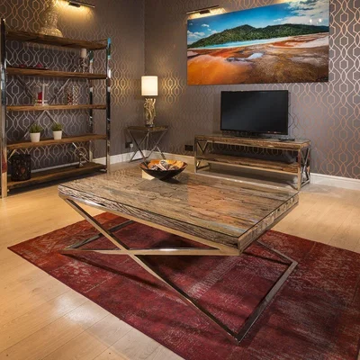 Quatropi Luxury Rectangular Coffee Table Solid Reclaimed Wood 130x80c Glass Top